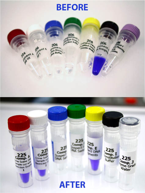 The new and improved caps and labels from Edvotek. Image ©Edvotek 2014.